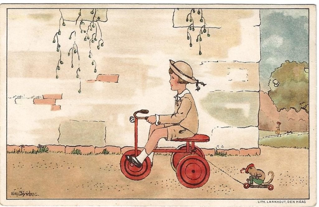 Meisje op rode driewieler, met aapje op wielen – Bep Jordens, Ophalen of Verzenden, 1920 tot 1940, Gelopen, Kinderen