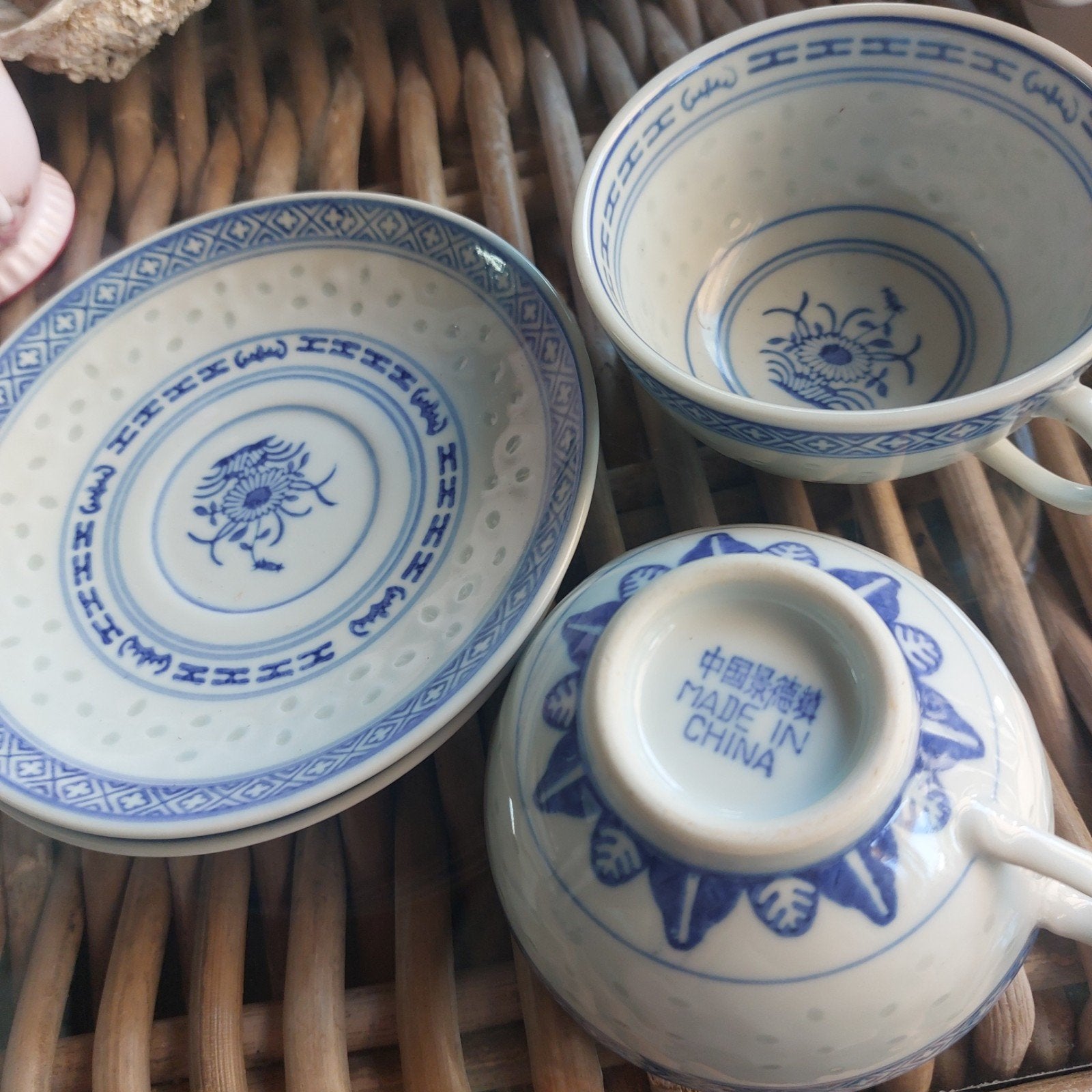 Vintage Chinees porseleinen theeservies - rijstkorrel decor, Antiek en Kunst, Antiek | Porselein, Ophalen of Verzenden