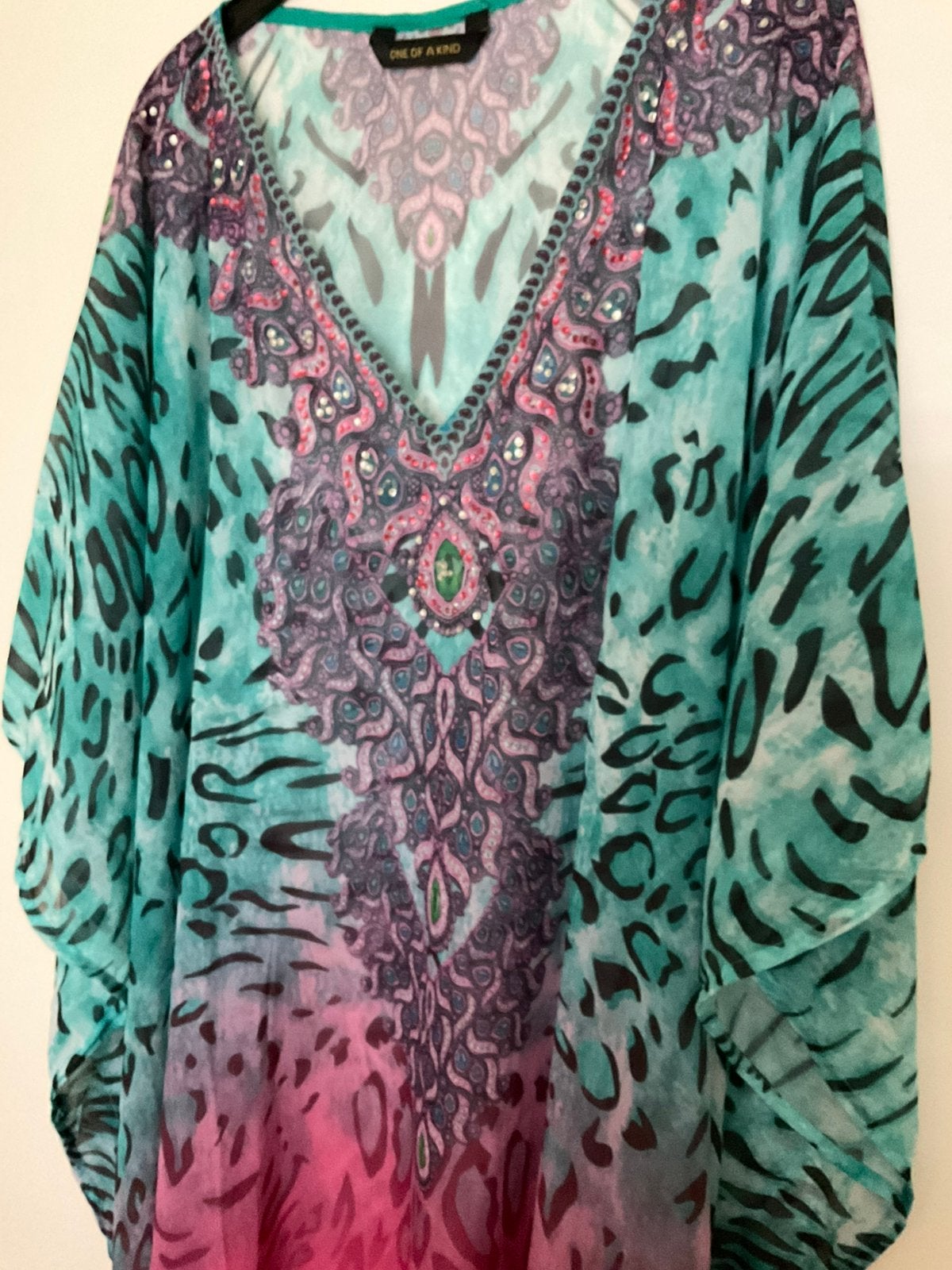 Kaftan met dierenprint en pailletten, Kleding | Dames, Grote Maten, Ophalen of Verzenden, Zo goed als nieuw, Blauw