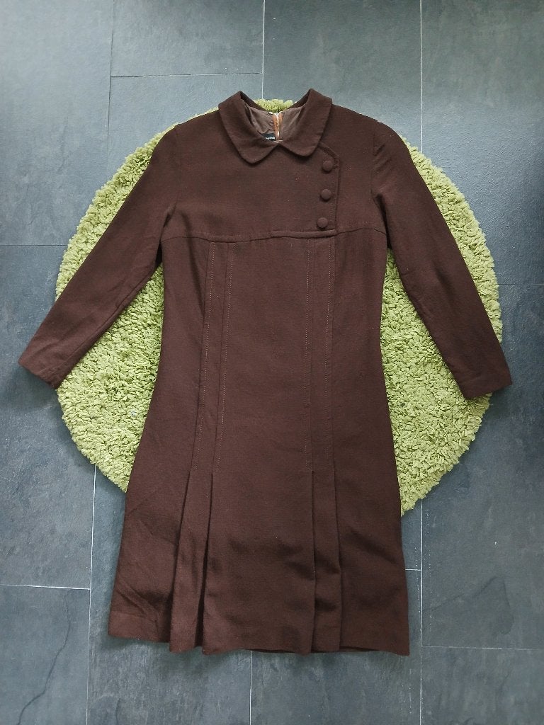 Vintage jaren 70, echt wol, chocoladebruine jurk, maat S, Bruin, Verzenden, Zo goed als nieuw, Vintage