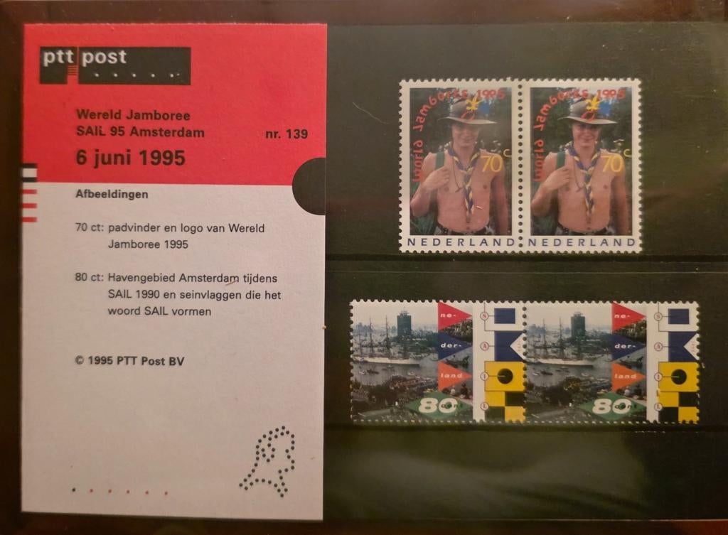 2x postzegels van Jamboree 95 en sail 90, Ophalen of Verzenden, Nieuw, Embleem, Speld of Insigne