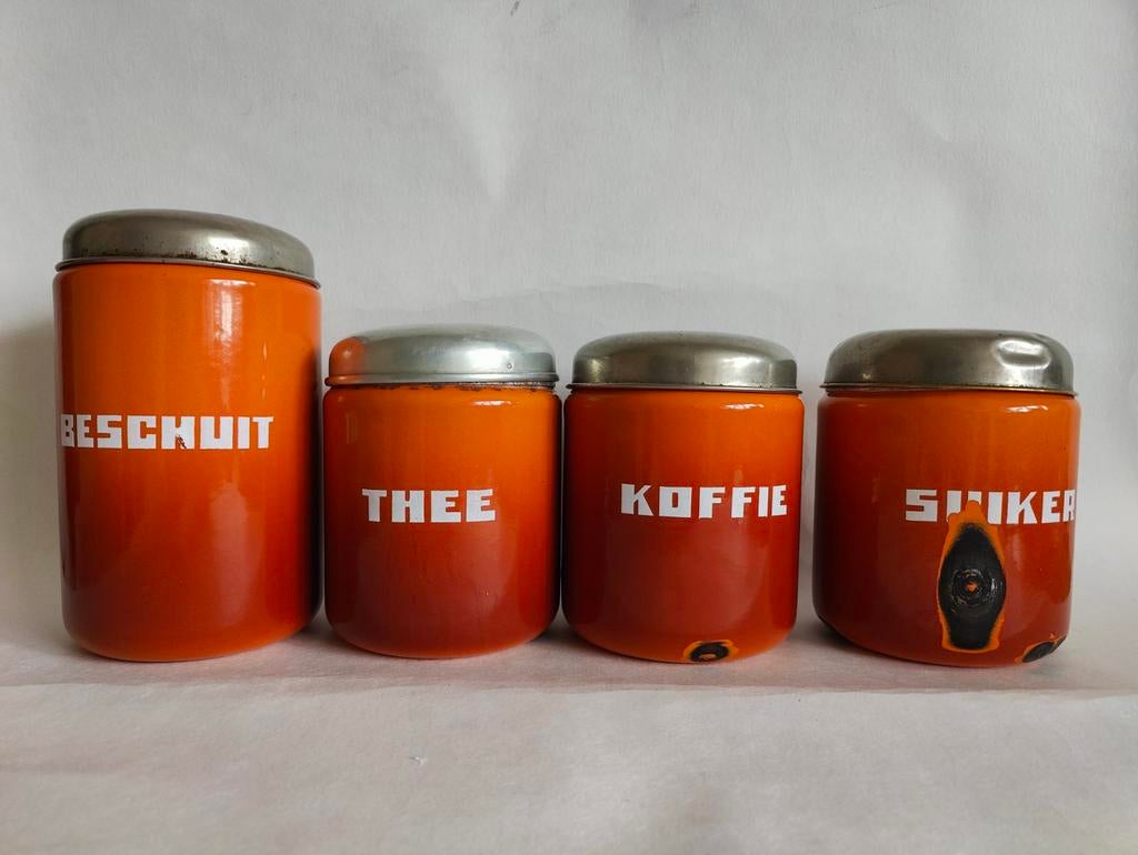 Vintage emaille voorraad bussen beschuit koffie thee suiker, Ophalen of Verzenden