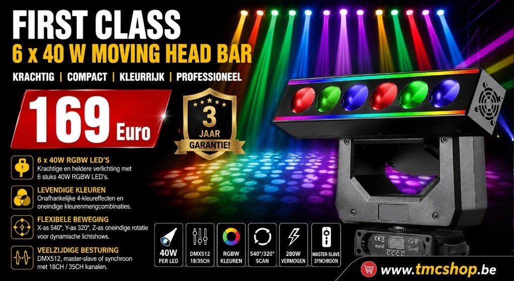 Nieuwe First Class 6 x 40 W Moving Head Bar, Ophalen of Verzenden, Nieuw, Complete set