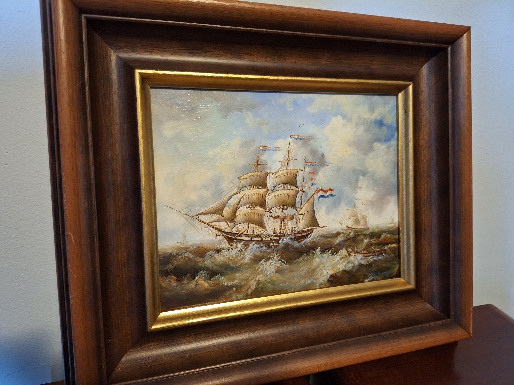 Maritiem Schilderij: Zeilschip op woelige zee, gesigneerd, Maritiem / water, Doek, Realistisch, Origineel werk