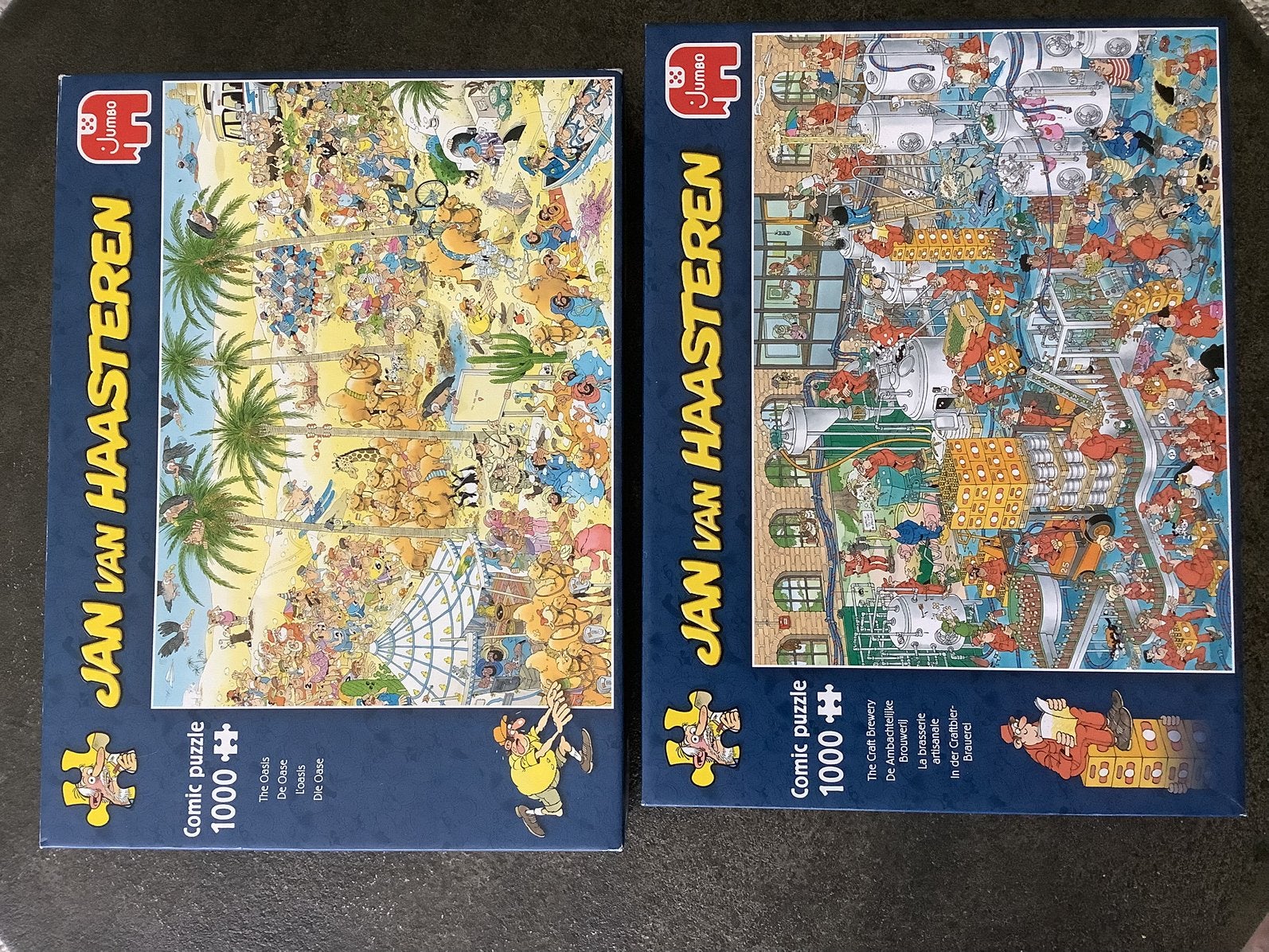 2x jan van haasteren puzzel de oase en brouwerij samen €17,5, Ophalen of Verzenden, 500 t/m 1500 stukjes, Zo goed als nieuw