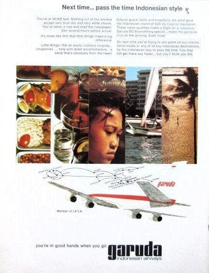 3 vintage reclames Garuda vliegmaatschappij 71-3 Indonesia, Verzamelen, Luchtvaart en Vliegtuigspotten, Ophalen of Verzenden, Gebruikt