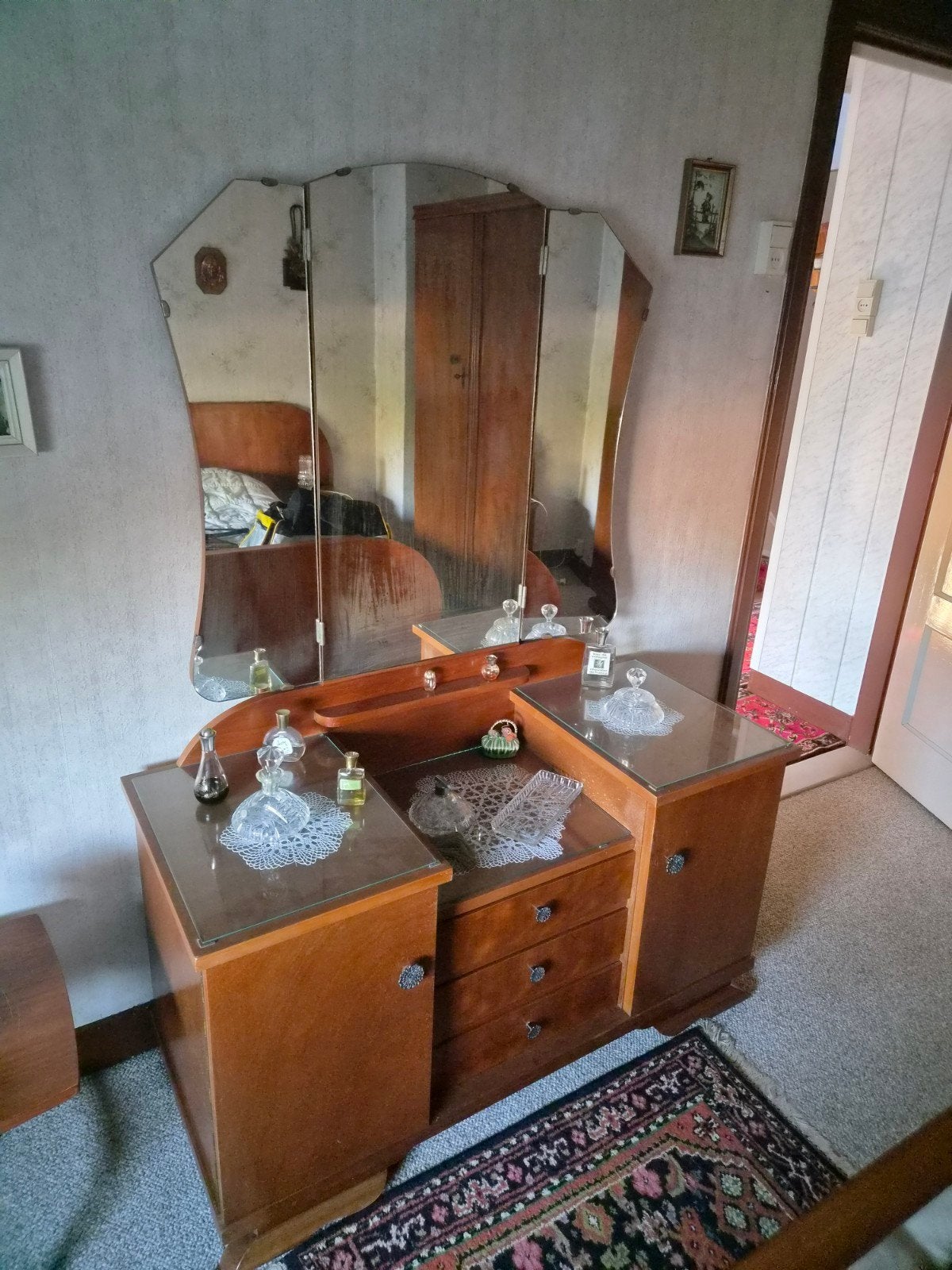 Vintage kaptafel met drieluik spiegel | Antiek, Ophalen, Gebruikt, 100 tot 150 cm, 150 tot 200 cm