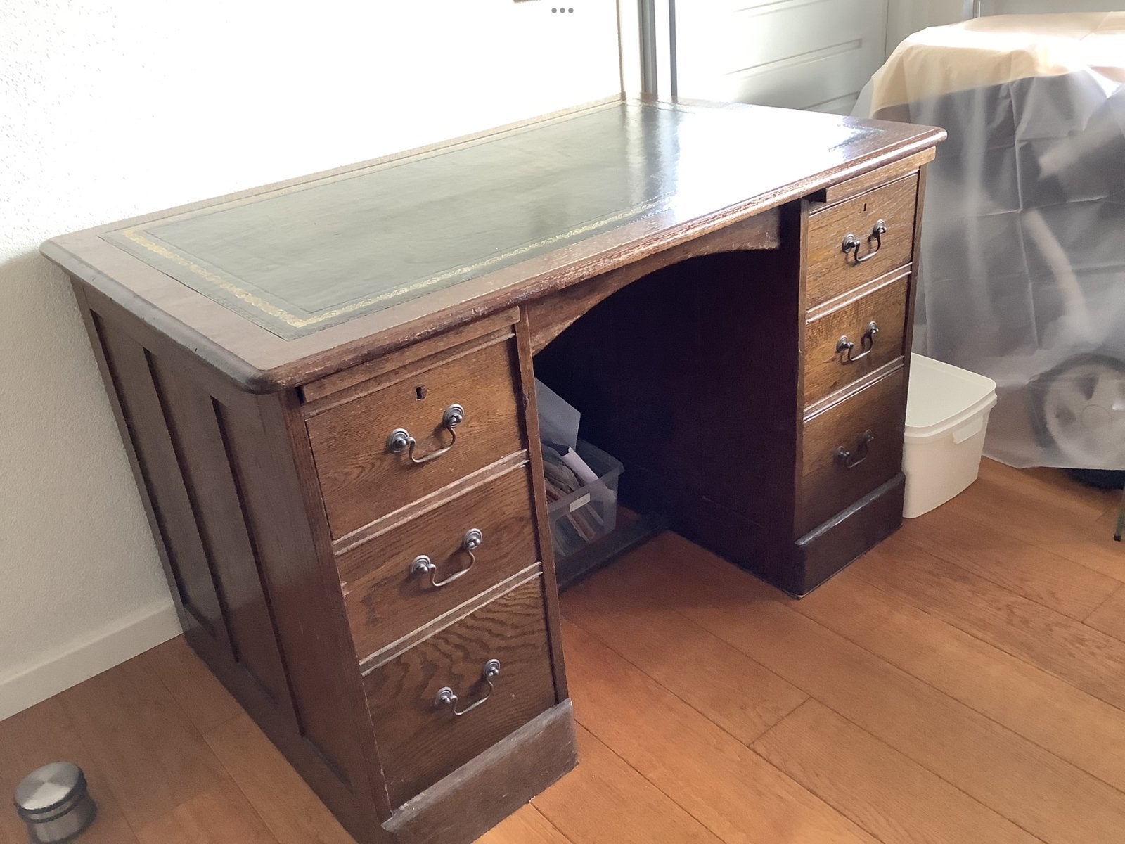 Antiek Eiken Bureau met Groen Leren Blad, Ophalen
