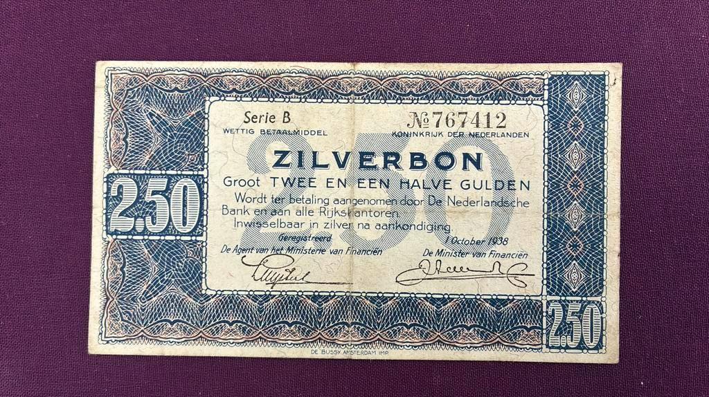 2,5 gulden 1938 zilverbon serie B mooie kwaliteit, Ophalen of Verzenden, 1 gulden
