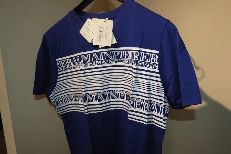 Pierre Balmain kobalt shirt witte merk print Nieuw mt 46, Maat 46/48 (XL) of groter, Nieuw, Pierre Balmain, Korte mouw