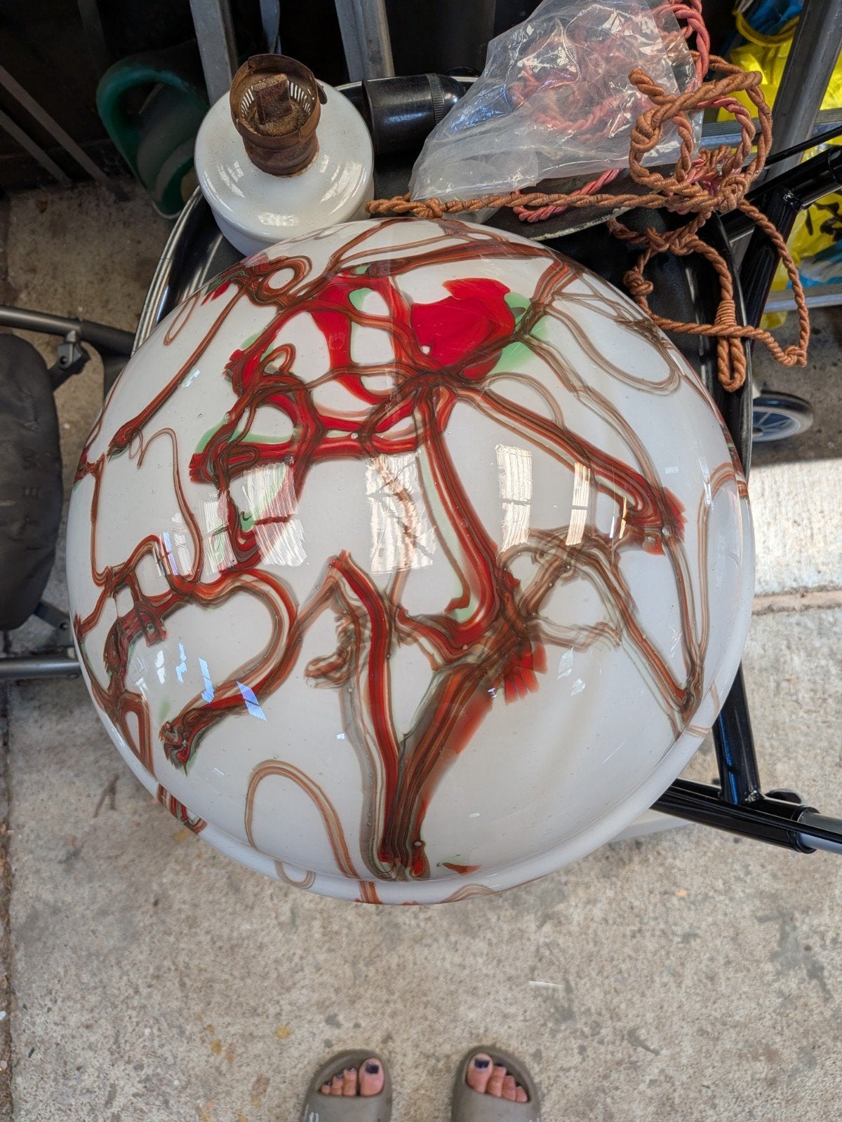 Vintage glazen hanglamp met rood/bruin patroon, Ophalen of Verzenden