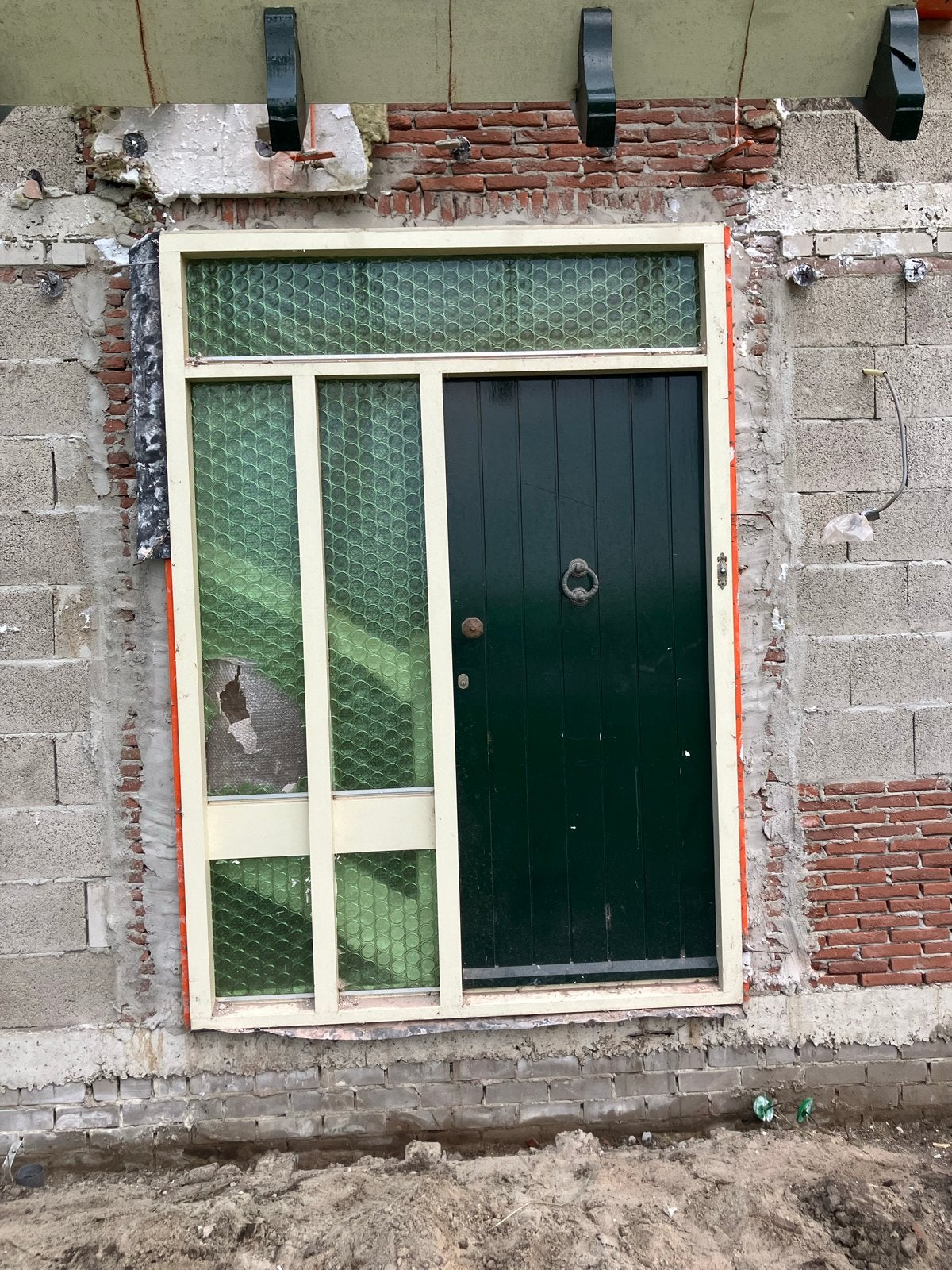 Kozijn met voordeur en drie ramen - Hout, Groen, Ophalen, Gebruikt, Buitendeur, Hout