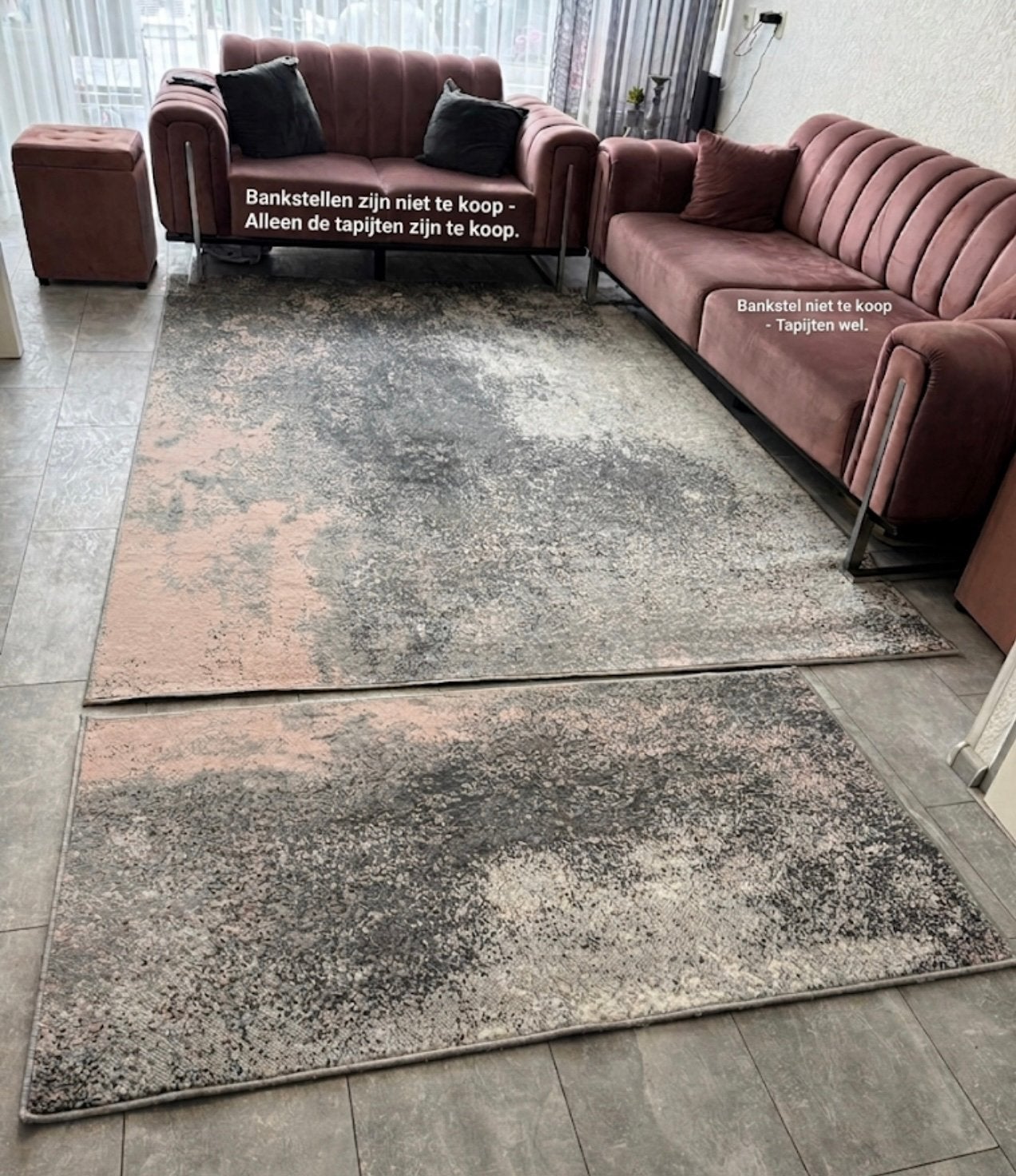 Set van 2 tapijten - Roze / Grijs / Zwart, 200 cm of meer, Ophalen of Verzenden, Zo goed als nieuw, Grijs