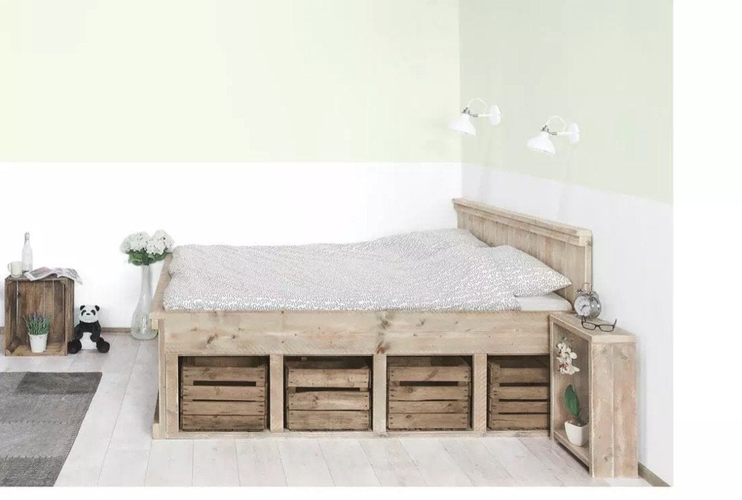 Steigerhouten tweepersoonsbed met opbergruimte, Ophalen, Rustiek, Steigerhout, Tweepersoons