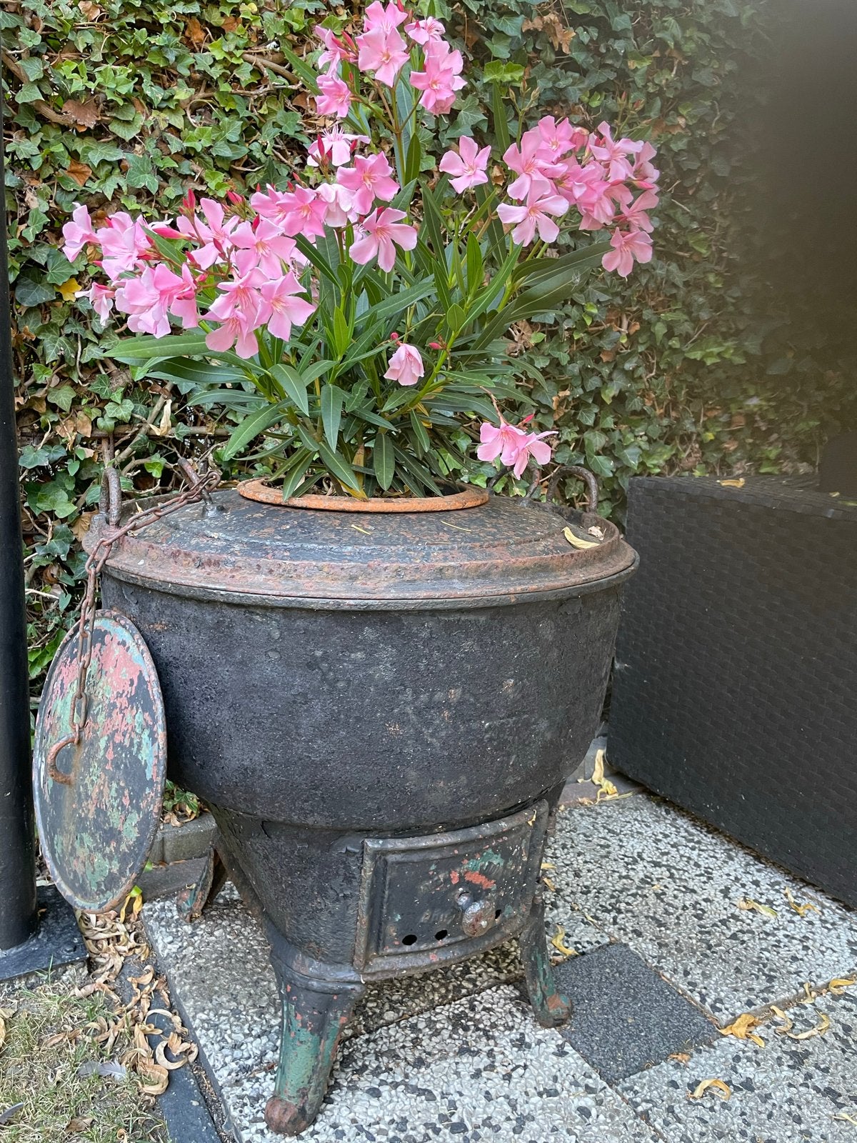 Antieke gietijzeren potkachel (poterkoker) als bloempot, Ophalen, Gebruikt, Balkon, Rond