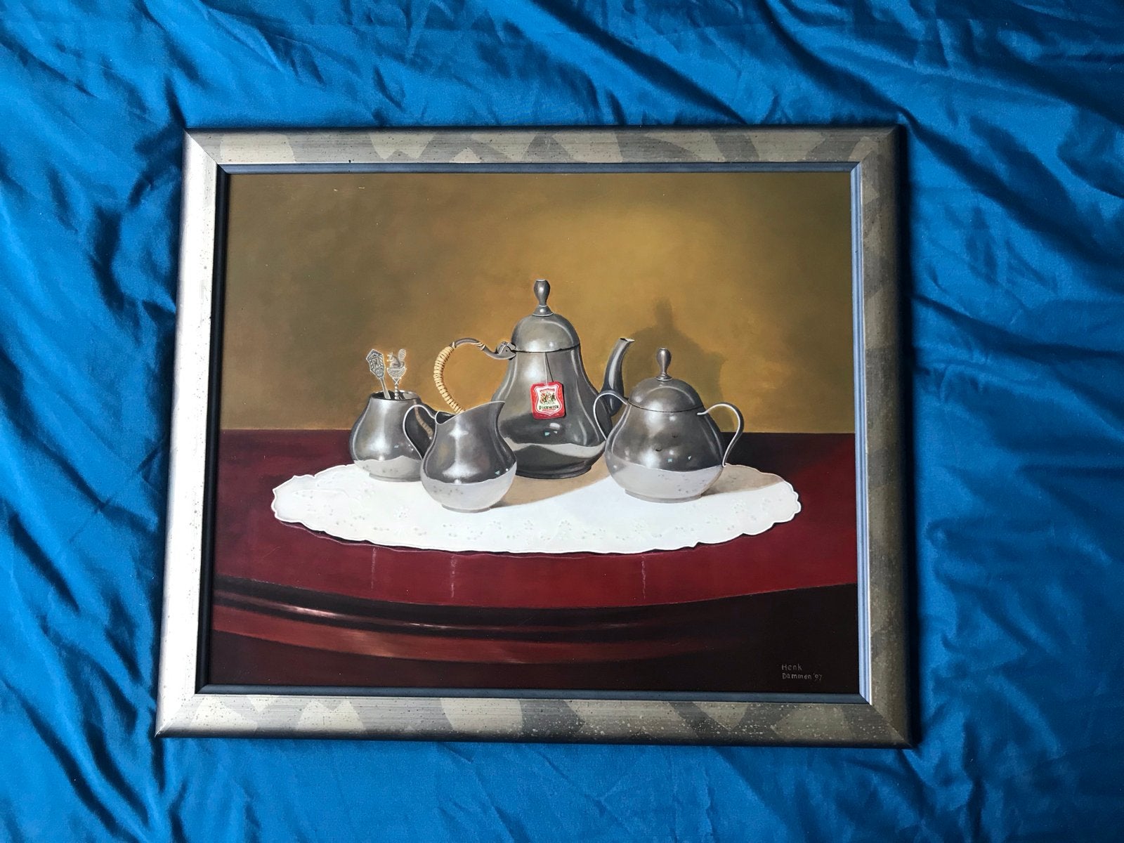 Olieverf Stilleven Theestel - Henk Dammen (1997), Antiek en Kunst, Paneel, Gedateerd, Realistisch, Stilleven