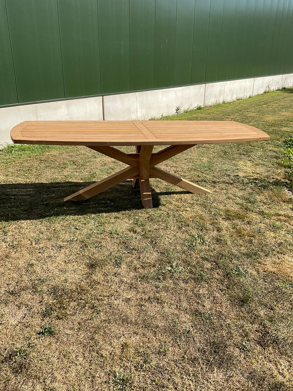 Nieuwe massief teak houten tafel met kruispoot 240 x 100., Ophalen, Zo goed als nieuw, Ovaal, Teakhout