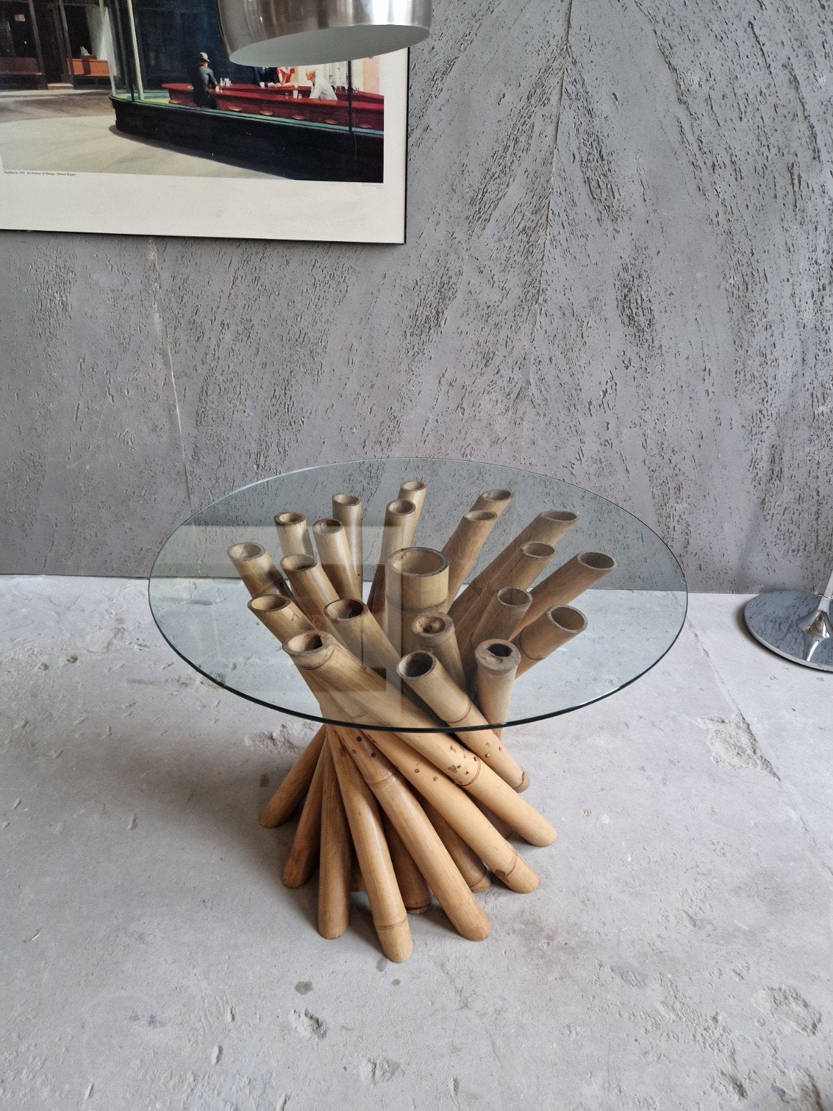 Round bamboo kitchen table with glass top, Ophalen, Rond, Zo goed als nieuw, 100 tot 150 cm