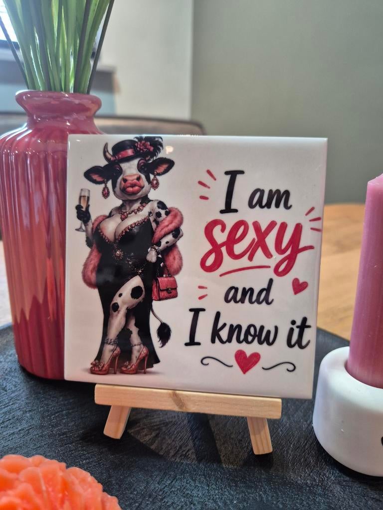 Tegeltje "I am sexy and I know it" met koe, Ophalen of Verzenden
