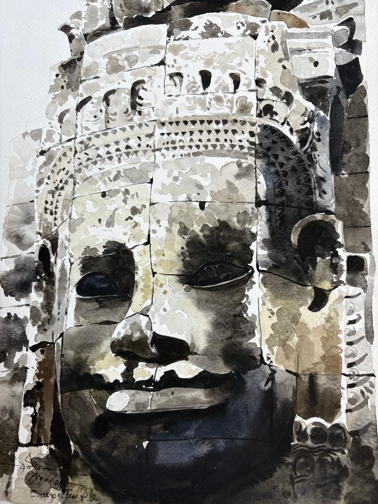 Aquarel van de Bayon tempel, Cambodja (door Channa), Antiek en Kunst, Ophalen of Verzenden