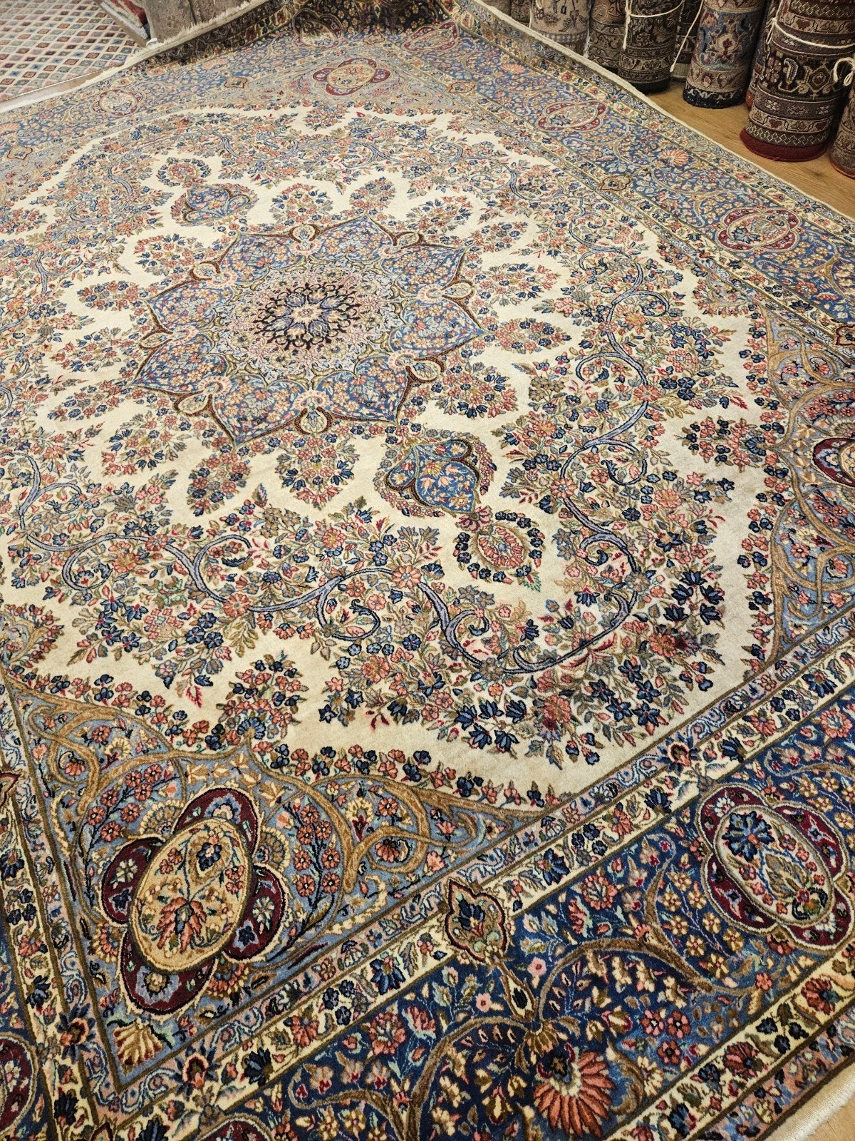 Vintage handgeknoopt perzisch tapijt kirman 400x293, Tweedehands, Perzisch, 200 cm of meer, Ophalen of Verzenden