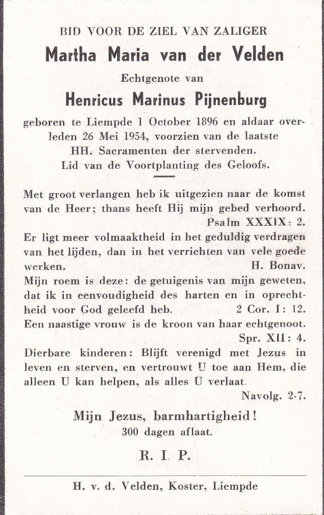 Velden Martha 1896 Liempde 1954, Ophalen of Verzenden, Bidprentje