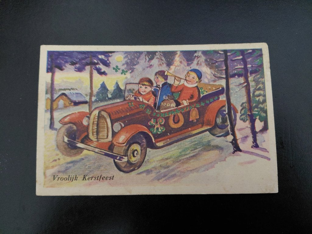 Vroolijk Kerstfeest, kinderen in auto, Nora kaart, ongelopen, Verzenden, 1920 tot 1940, Ongelopen, Feest(dag)