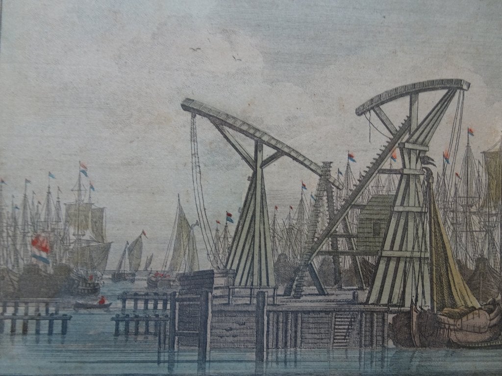 gravure 2 kranen IJ te Amsterdam Schreierstoren Schenk 1700, Verzenden, Stadsgezicht, Ingelijst, Gravure
