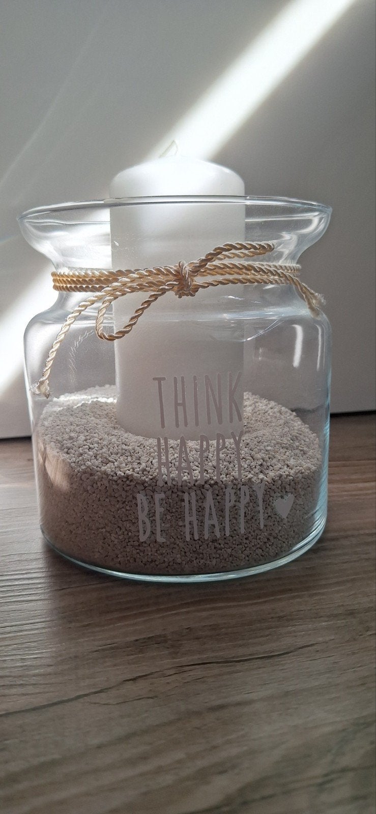 Glazen kandelaar met kaars en decoratie, Ophalen, Wit, Kandelaar, Glas
