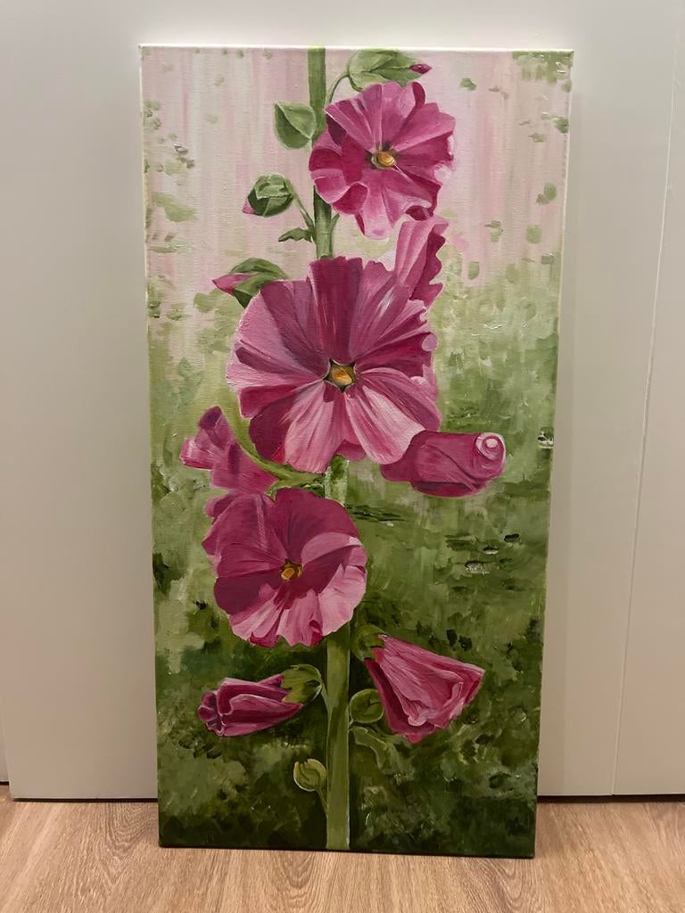 Schilderij met roze stokroos bloemen  op canvas, Antiek en Kunst, Kunst | Schilderijen | Klassiek, Ophalen of Verzenden