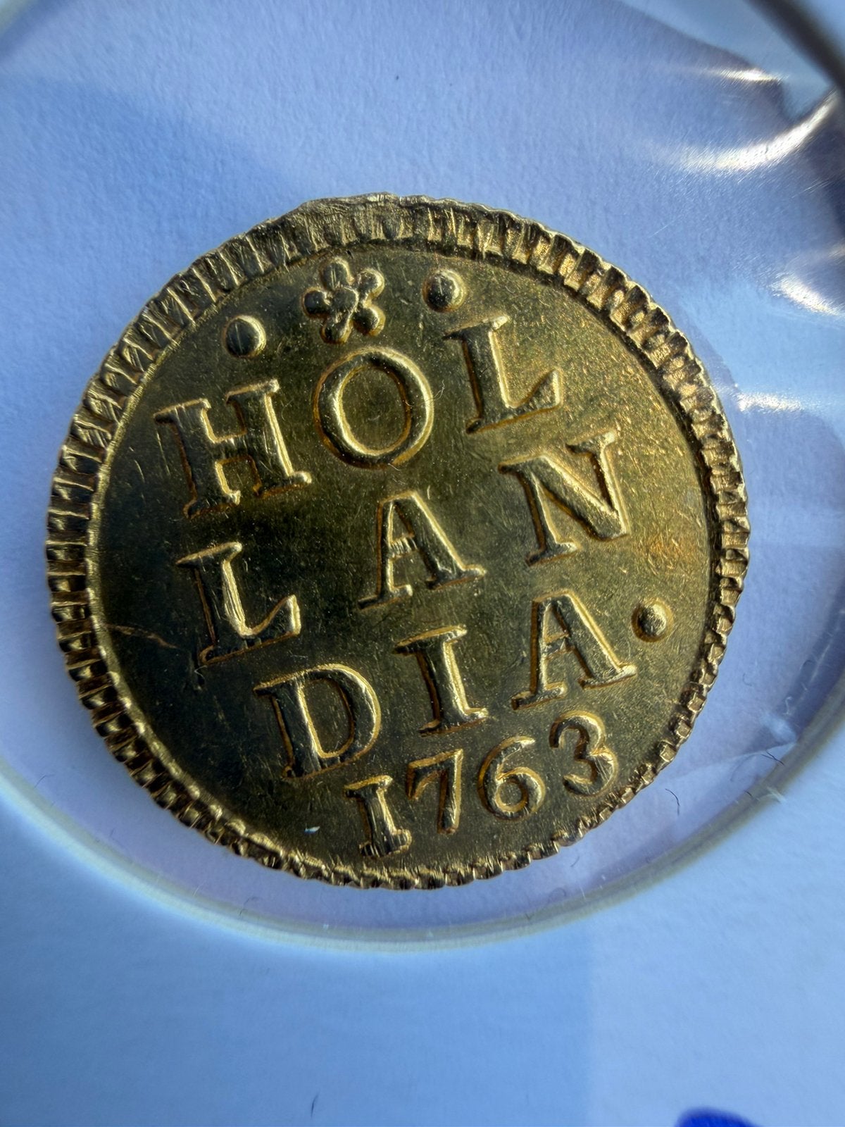 Gouden bezemstuiver Hollandia 1763 gouden afslag., Vóór koninkrijk, Losse munt, Goud, Overige waardes