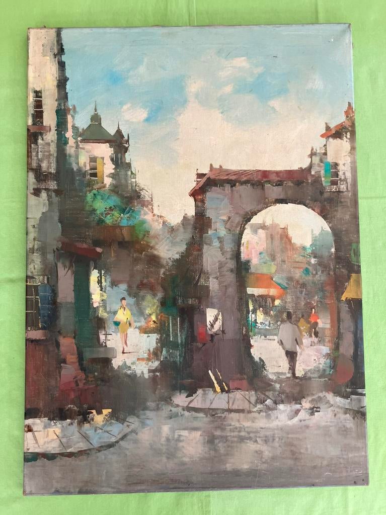 Schilderij olieverf op doek, stadsgezicht, figuren en poort, Antiek en Kunst, Kunst | Schilderijen | Klassiek, Ophalen of Verzenden