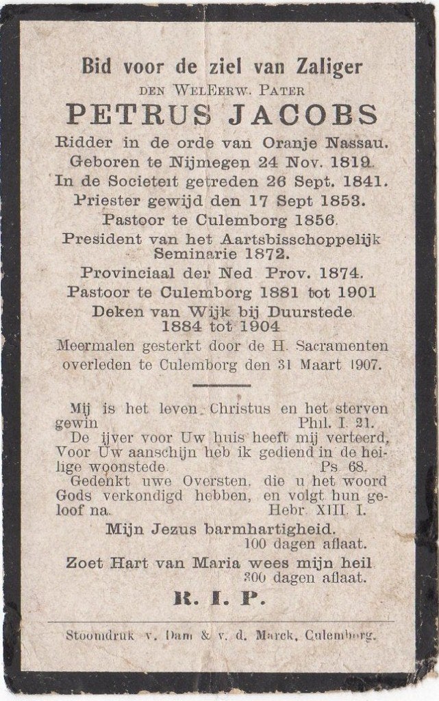 pastoor Petrus Jacobs 1819 Nijmegen + 1907 Culemborg, 87 jr, Verzamelen, Bidprentjes en Rouwkaarten, Verzenden