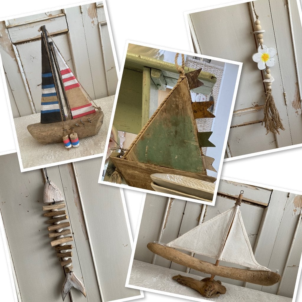Fairtrade / slinger vis - bootje - bootjes - bloemenhanger, Ophalen, Hout, Meerkleurig, ---