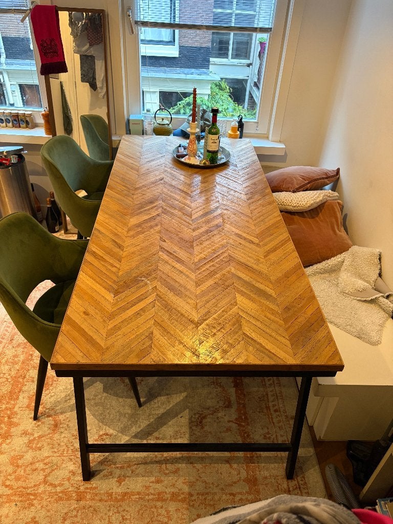 Eettafel visgraat met zwart onderstel, 200 cm of meer, 50 tot 100 cm, Zo goed als nieuw, Vijf personen of meer