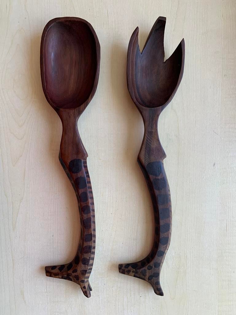 Afrikaans sla bestek sla couvert hout, Ophalen of Verzenden, Zo goed als nieuw, Hout