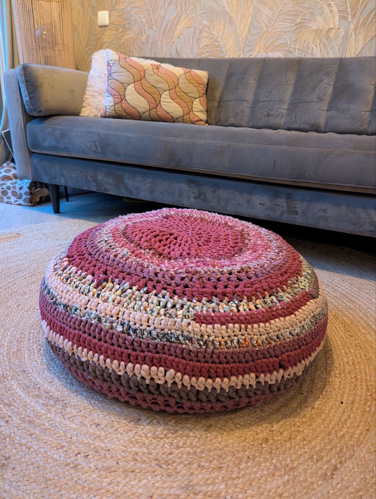 Gehaakte poef, Huis en Inrichting, Ophalen, Zo goed als nieuw, Rond, Minder dan 50 cm