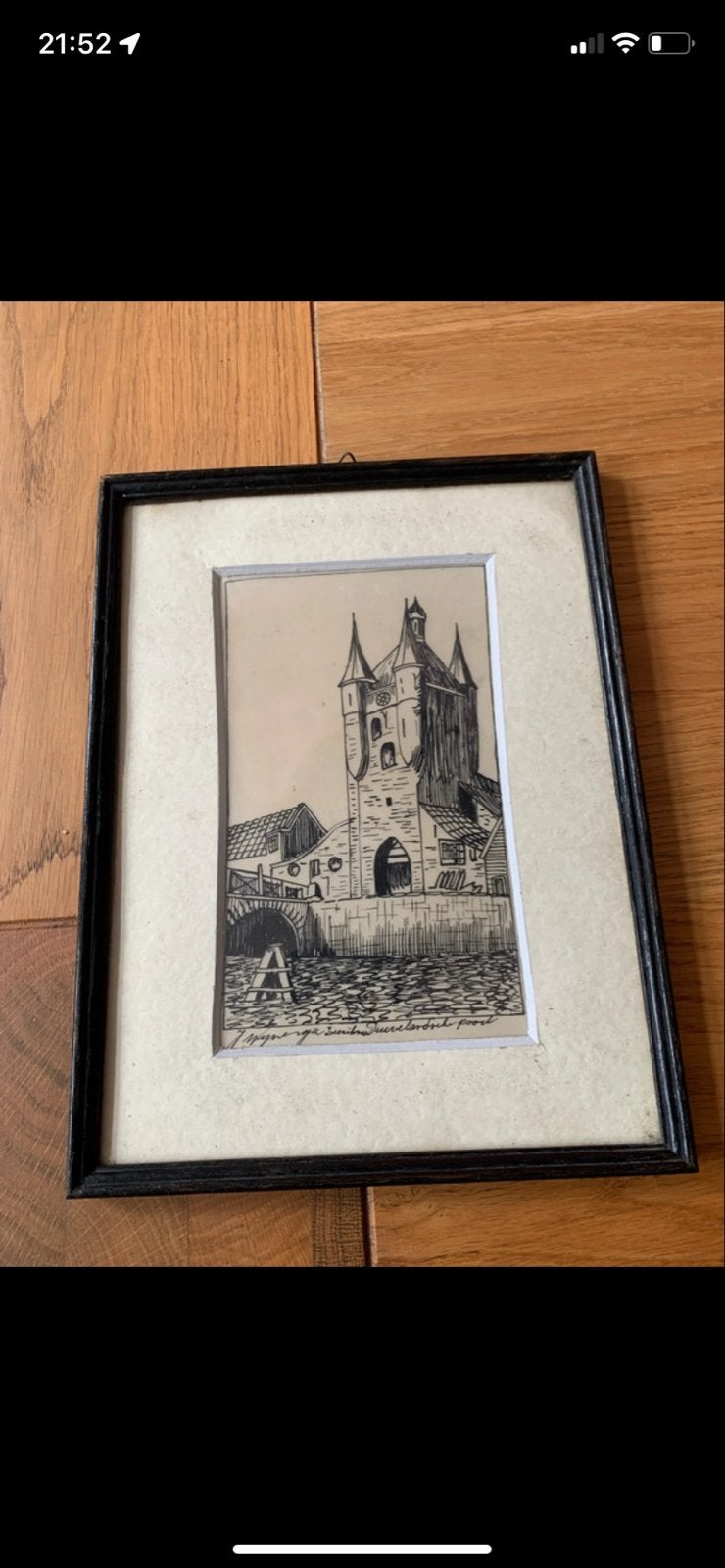 Ingelijste pentekening van een historische stadspoort, Antiek en Kunst, Ophalen of Verzenden, Tekening, Pentekening, Ingelijst