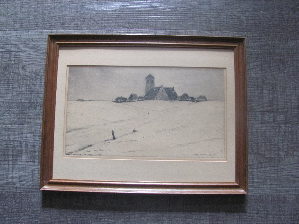 Willem Witjens - ets uit 1946, Ingelijst, Ets, Stadsgezicht, 35 cm