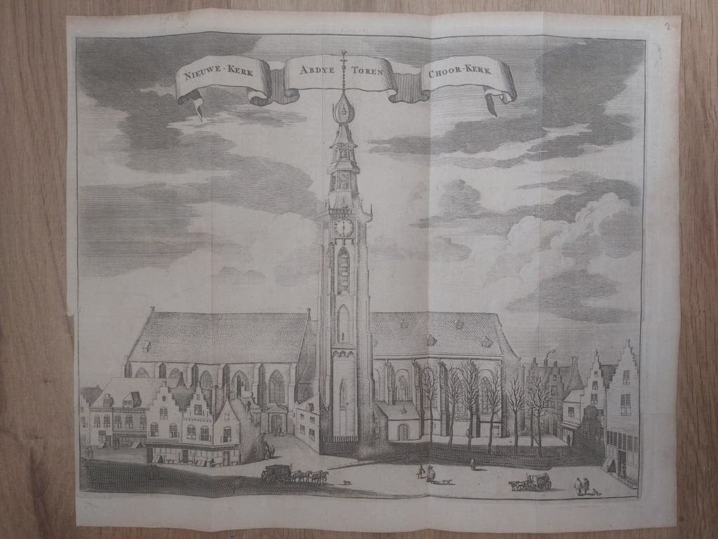 2 / Nieuwe Kerk  Adby Toren  Choor Kerk Middelburg uit 1693, Stadsgezicht, 27 cm, 35 cm, Gravure