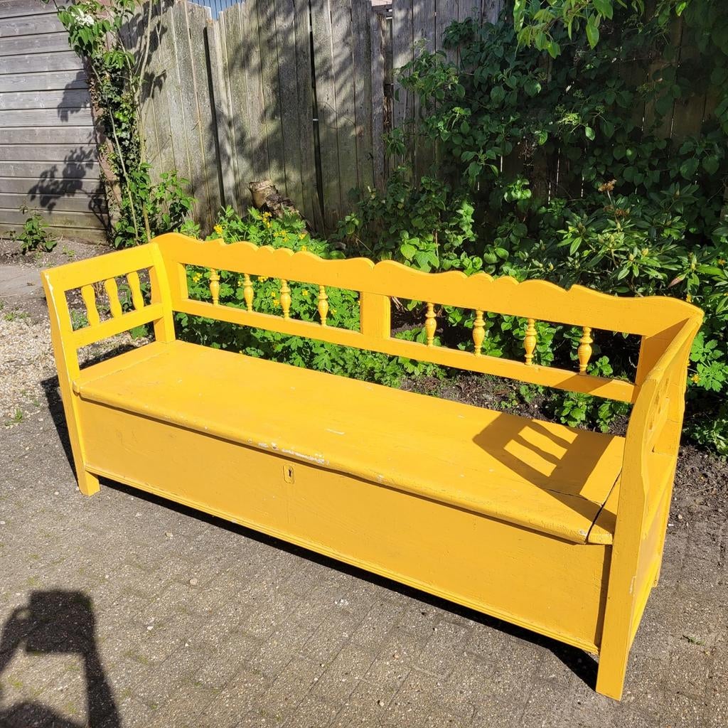 Brocante grote oude klepbank, bank, houten bank, Ophalen