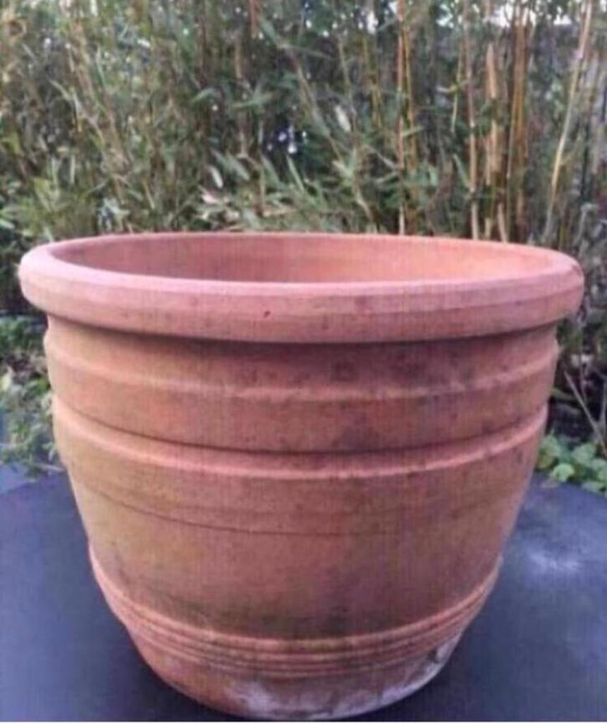 Oud Hollandse terracotta bloempotten diverse maten, 25 tot 40 cm, Gebruikt, Rond, Ophalen of Verzenden