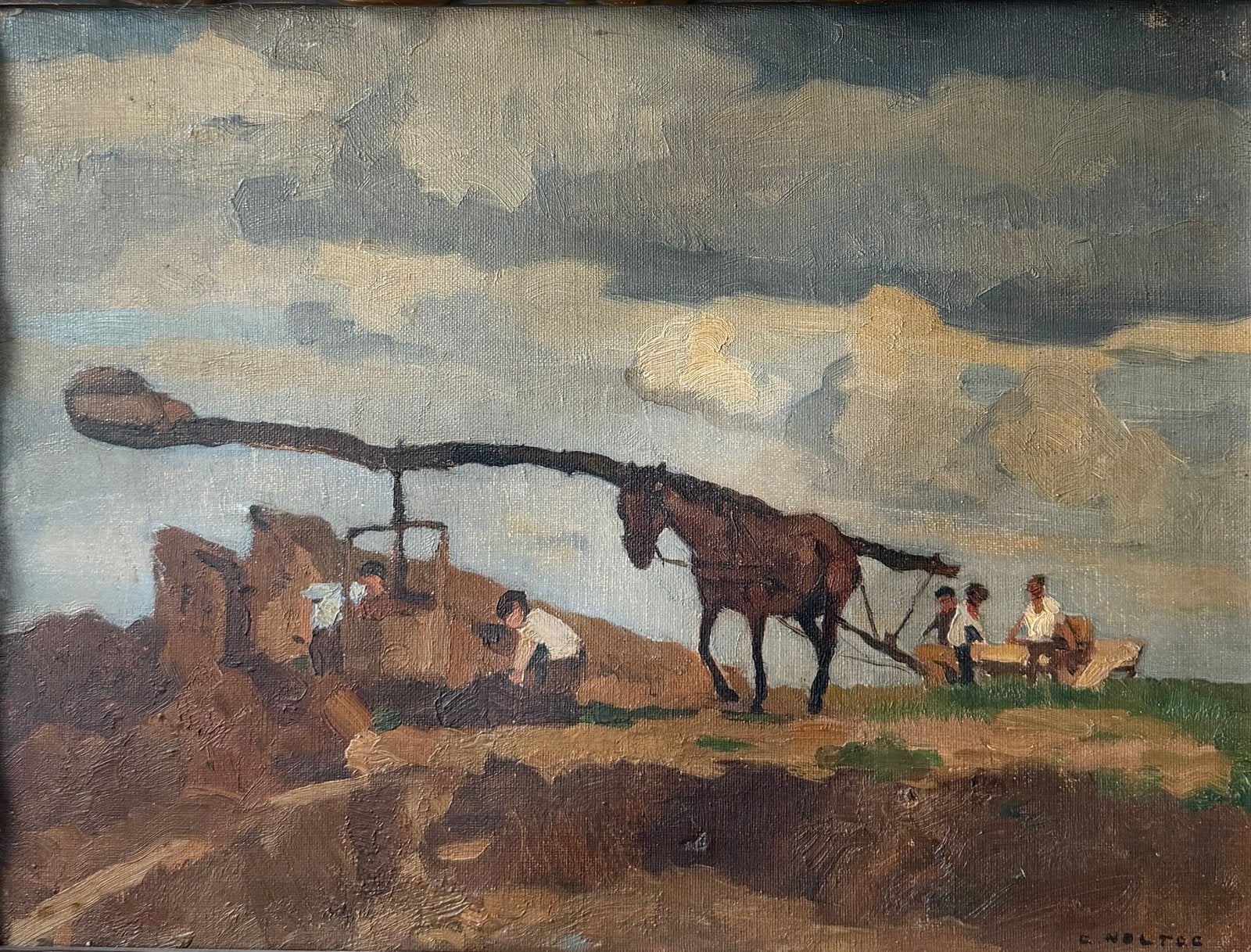 Werken op de bouwplaats met een paard. Cor Noltee, Doek, Expressionistisch, Ophalen of Verzenden, Bijzondere lijst
