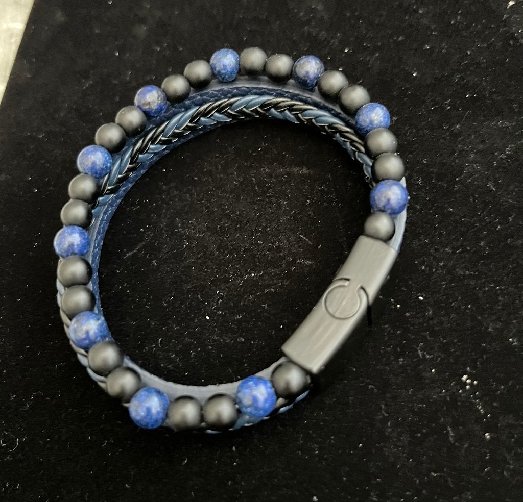 Armband Leer met Natuursteen Blauw Zwart -NIEUW-, Sieraden, Tassen en Uiterlijk, Armbanden, Overige materialen, Met bedels of kralen