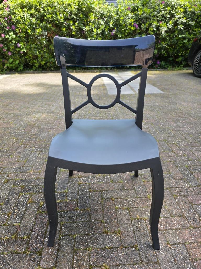 6 tuinstoelen zwart / transparant zonder armleuning, Ophalen, Gebruikt, Kunststof, Stapelbaar