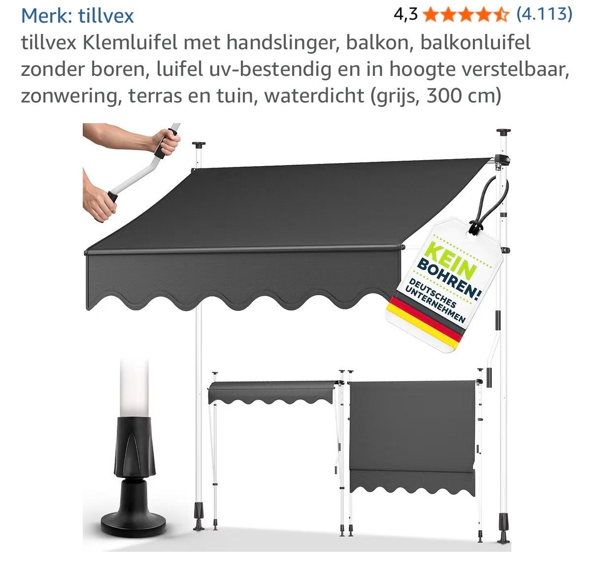 Nieuw Grijs Uitvalscherm 300cm - Zonder Boren, Ophalen, Nieuw, 150 tot 300 cm, 250 cm tot 450 cm