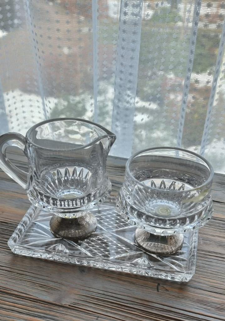 Vintage kristallen suikerpot en melkkannetje - 925 zilveren, Ophalen