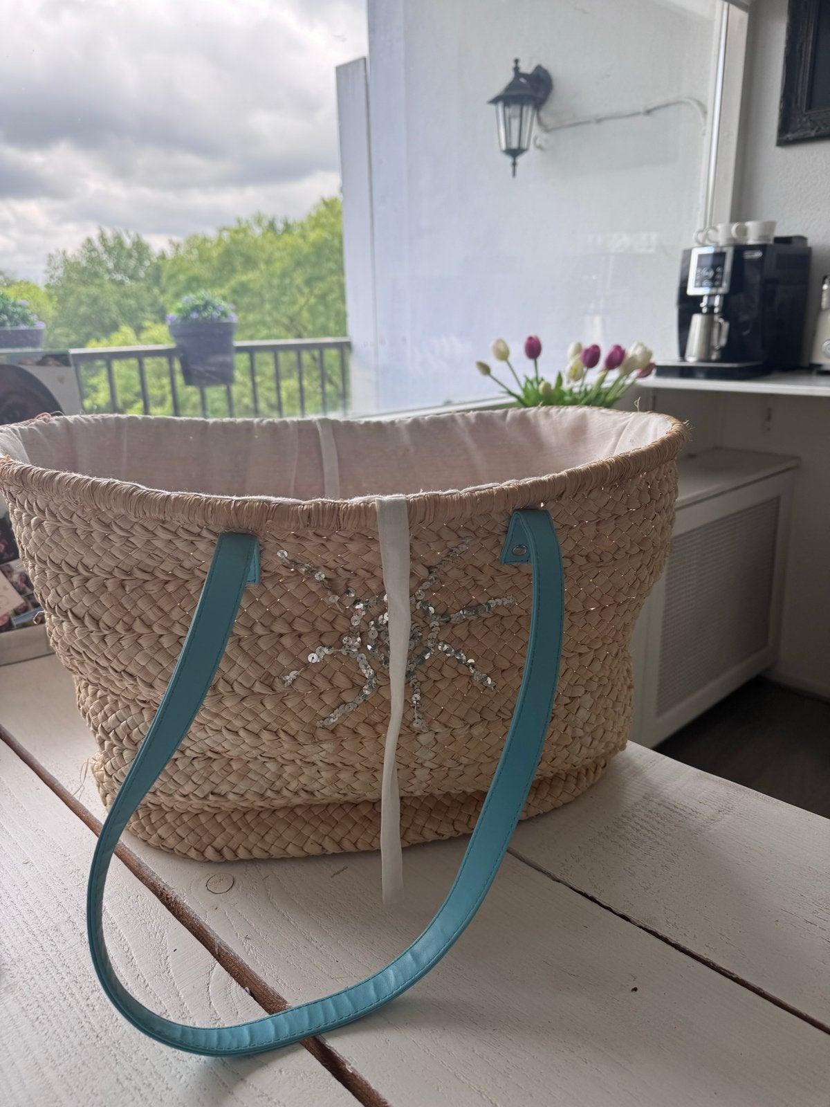 €10 Rivièra Maison strandtas met turquoise hengsels, Ophalen, Gebruikt, Beige, Shopper