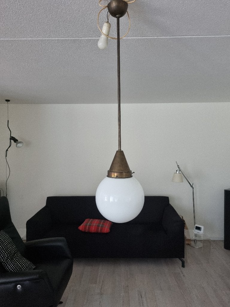 Ouderwetse hanglamp met witte glazen bol, Ophalen, Gebruikt, Overige fittingen, Glas