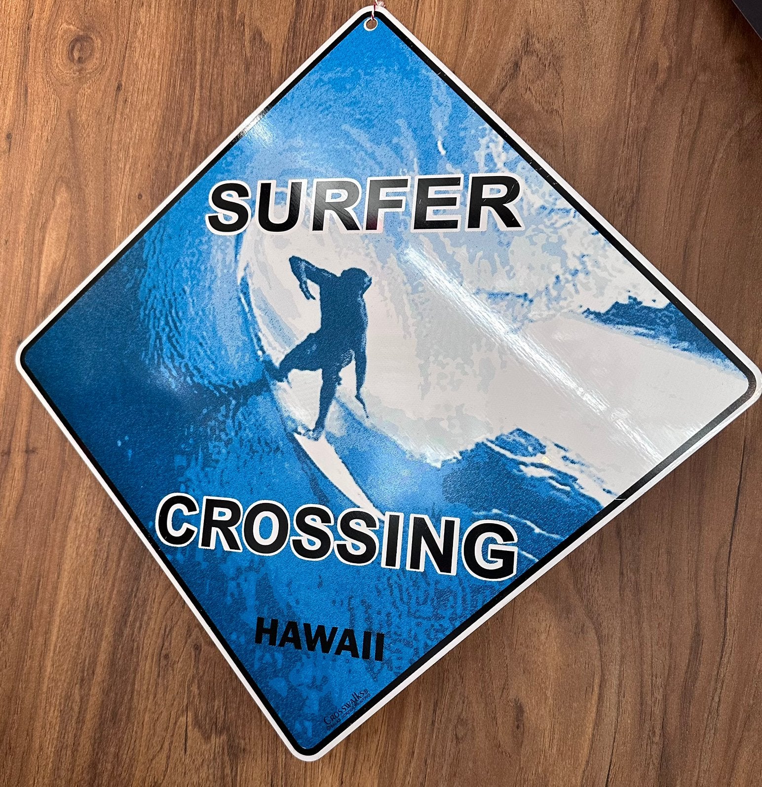 Metalen Surfer Crossing Hawaii bord 30x30 cm, Gebruikt, Meerkleurig, Overige stijlen, Ophalen of Verzenden